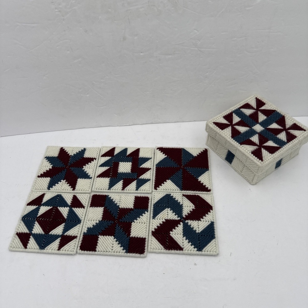 Vintage Handmade Set of 6 Needlepoint Yarn‎ Quilt Block Coasters with Holder 4x4
